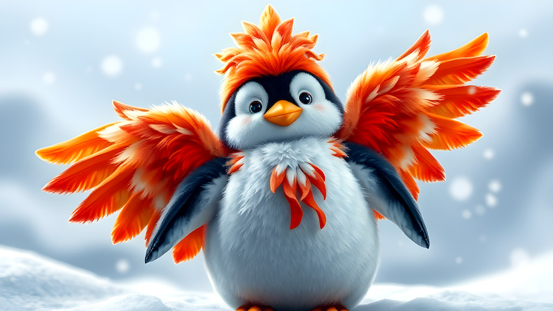 A Penguin and Phoenix combination in Pixar type theme. This cartoon penguin with a white belly and black back is standing upright on a snowy surface, with its wings spread wide and orange feathers sprouting from its head and around its neck, giving it a fiery appearance, against a blurred blue background with falling snowflakes, the penguin's beak is orange, and its eyes are large and black, with a cute expression on its face, the overall image is whimsical and fantastical, with the penguin's vibrant orange plumage standing out against the wintry scene.