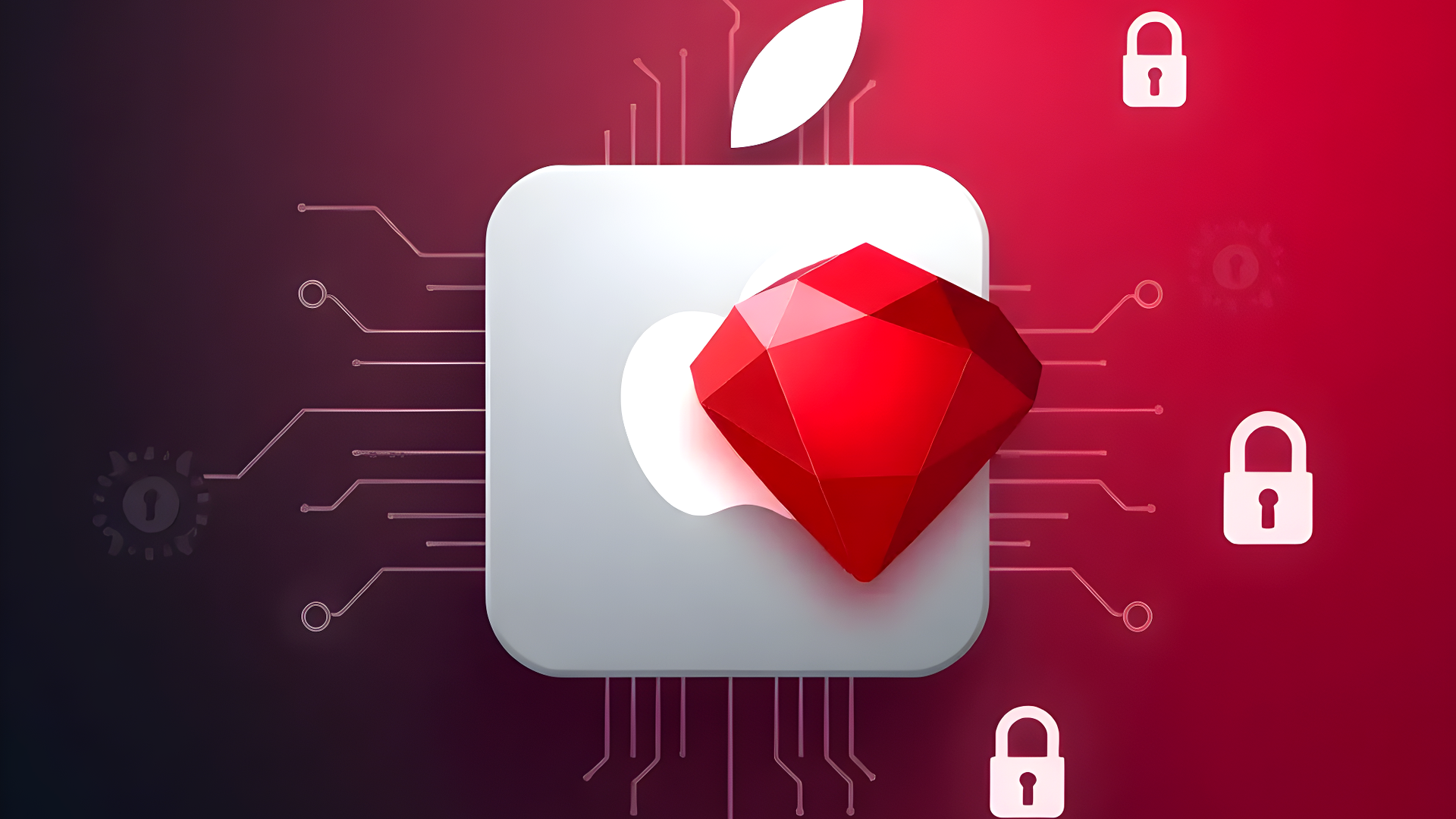 A modern, minimalist tech illustration showing a sleek Apple Silicon chip merging with Ruby's red crystal logo. The composition features clean lines and a gradient background transitioning from deep ruby red to space gray. Including a subtle circuit board pattern and floating SSL lock symbols to represent secure connections. Style is professional yet approachable, using Apple's design aesthetic with a developer-friendly twist. The image conveys both technical precision and successful problem-solving.