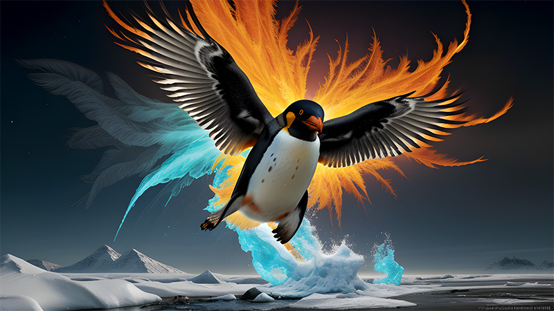 A digital-art image of a penguin with black and white feathers and an orange beak is flying over a snowy landscape with its wings spread wide, surrounded by a burst of colorful feathers behind it that transition from gray to blue to orange to yellow, with the penguin's feet kicking up a splash of icy blue water as it takes off from a patch of snow-covered ground, set against a dark blue-gray sky with snow-capped mountains in the background.