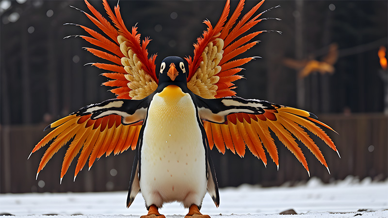 A Penguin and Phoenix combination in a Photo-realistic image. The penguin is standing upright on a snowy surface with its wings spread wide, displaying vibrant orange and yellow feathers on the wings, with black and white accents, and a black head with an orange beak and white eyes with black pupils, against a blurred background of a dark wooden fence or structure with snow falling around, and a subtle bokeh effect adding depth to the scene.